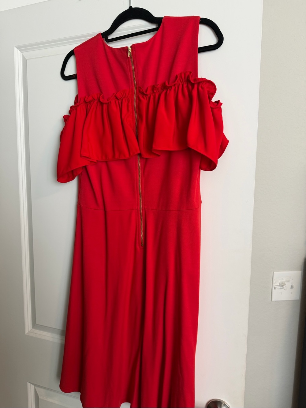 Ruffled Off-Shoulder Midi Dress in Red